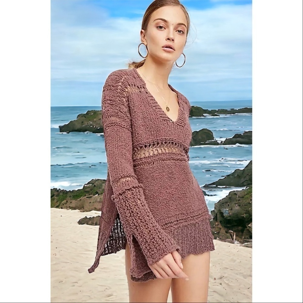 Free People Belong‎ To You Open Knit Sweater In Dark Purple Size Small NWT